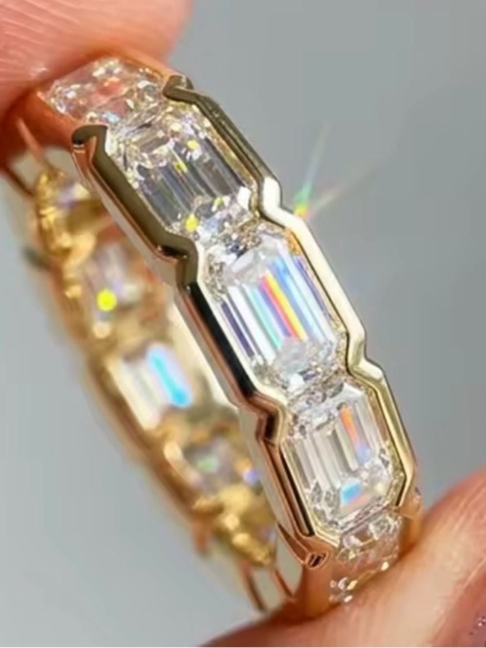 Emerald Moissanite Eternity Band, Bezel Set 14k Gold Vermeil. Genuine Moissanite